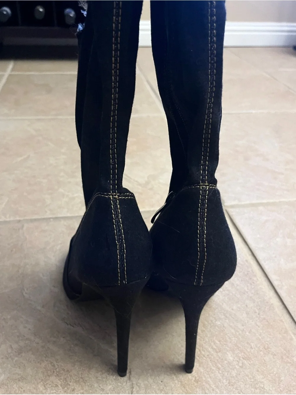 Black Stiletto High Heel Thigh High Peep Toe Stretch Black Denim Ripped Boots 8
